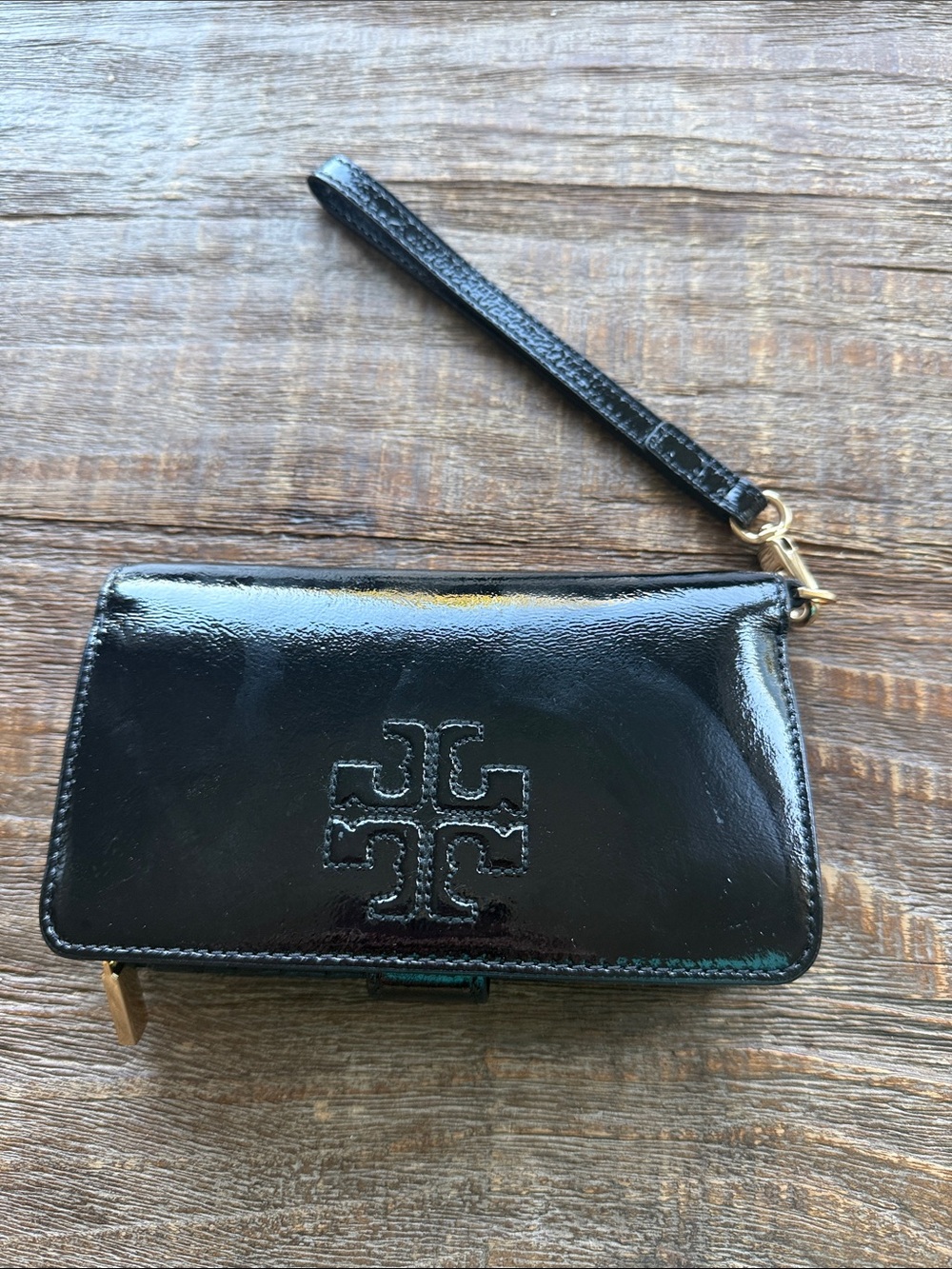 Tory Burch Black Patent Leather Logo Wristlet